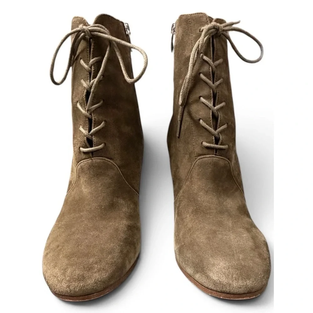 Marc Fisher‎ Ankle Boots Womens 10 Olive Green Suede Lace Up Side Zip Block Heel
